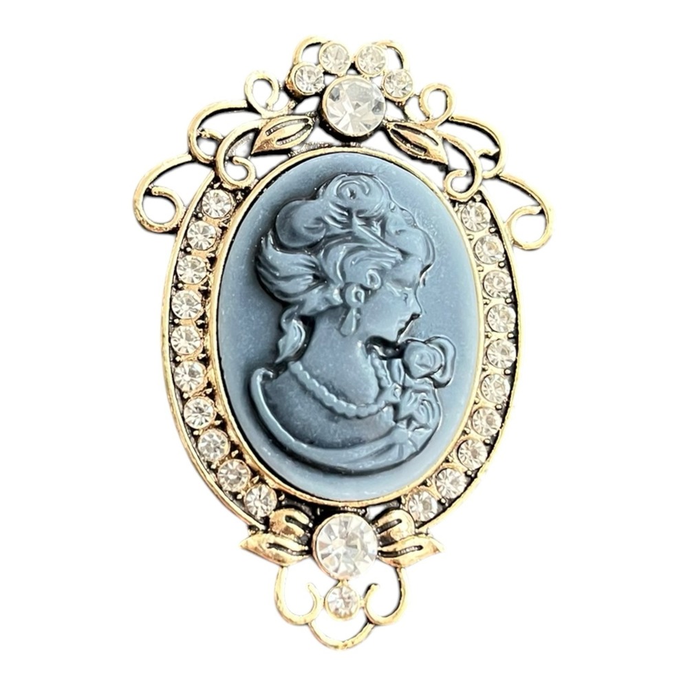 Classic Cameo Brooch Pin 2.25" Rhinestone Gold Tone Jewelry